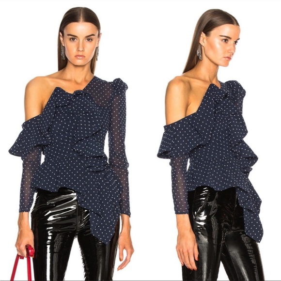 Self-Portrait Plumetis Frill One Shoulder Blouse Navy Blue Polka Dot Size 6 - Picture 2 of 16